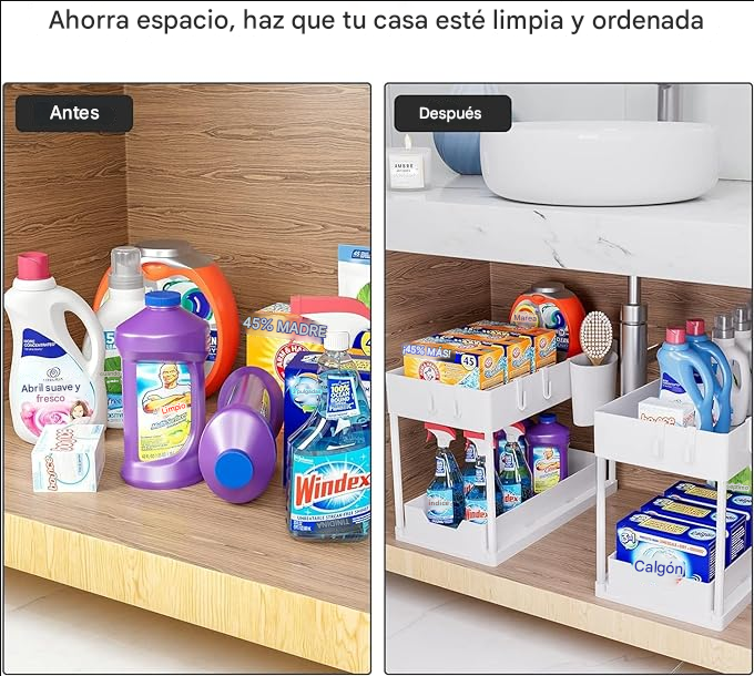 Organizador de 2 niveles con bandeja deslizante para baño, cocina y lavadero.