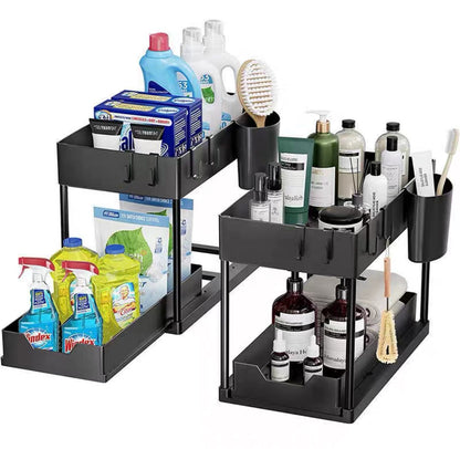 Organizador de 2 niveles con bandeja deslizante para baño, cocina y lavadero.