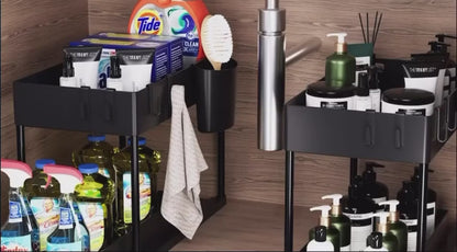 Organizador de 2 niveles con bandeja deslizante para baño, cocina y lavadero.